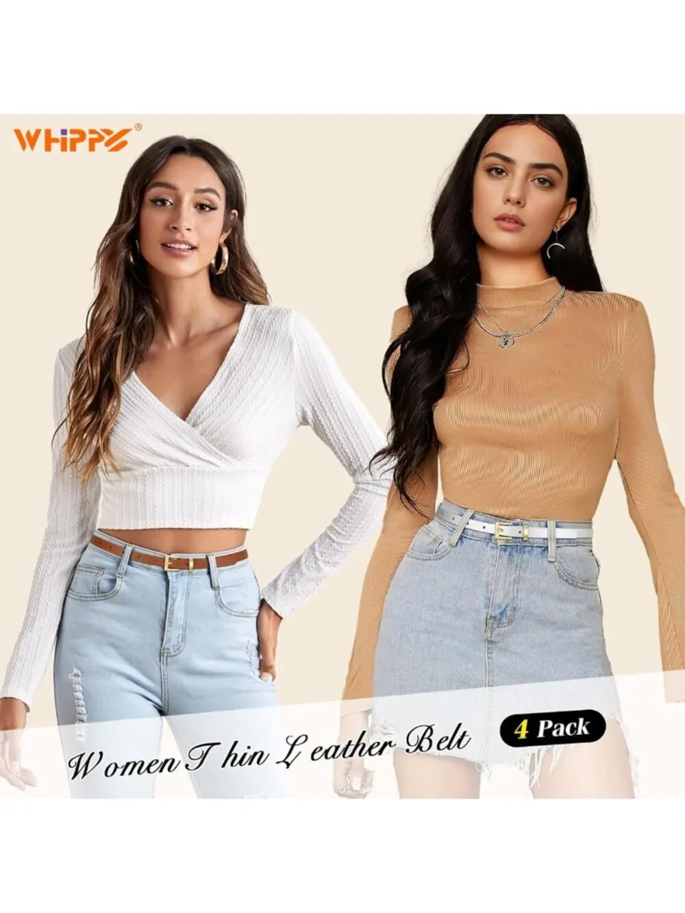 Set of 4 Women's Skinny Leather Belts - Thin Waist Belts with Metal Buckle for